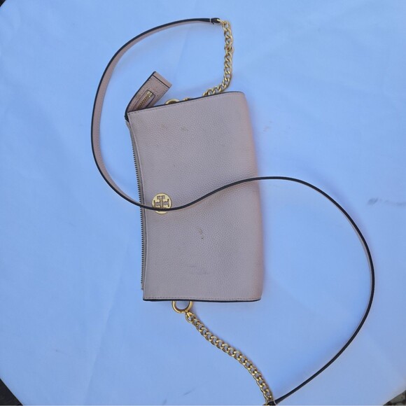 Tory Burch Crossbody Brown Everly Mini Top Zip Gold Details Pink Leather - Picture 10 of 10